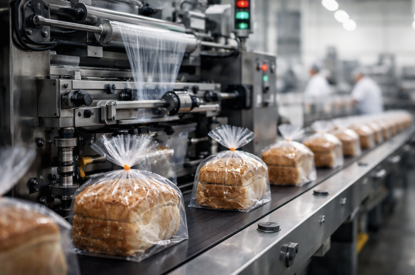 Línea de empaque automático de pan utilizando bolsas plásticas de polietileno en proceso industrial